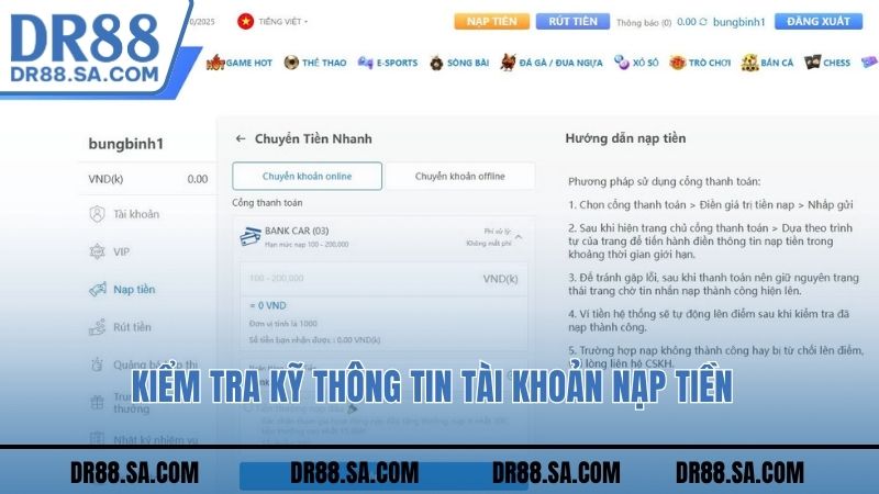 Kiểm tra kỹ thông tin tài khoản nạp tiền 